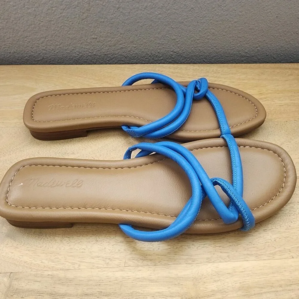 Madewell The Amel Slide Ornamental Blue Leather Sandals Womens Size 10
